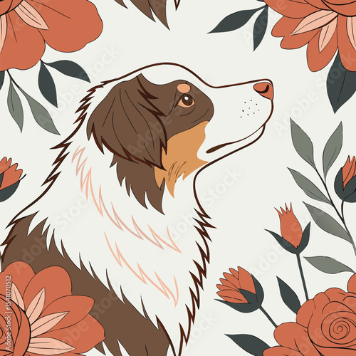 Australian Shepherd Dog Floral Pattern Elegant Canine Design (130).eps