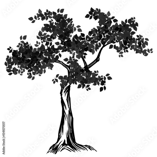 Elegant Botanical Tree Illustration in Chinese Ink and Minimal Line Art Style – Handcrafted Zen Nature Vector for Nature Journals, Meditation Posters, Packaging Design and Asian-Themed Decor
