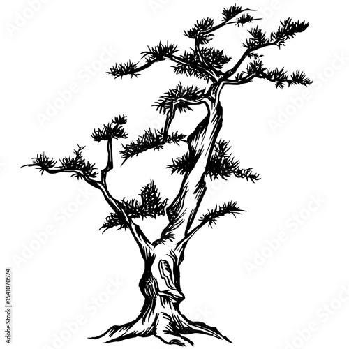 Elegant Zen Botanical Line Art Tree – Traditional Chinese Ink Drawing Vector for Wall Art, Eco Packaging, Spiritual Design Projects, and Meditation-Themed Illustrations
