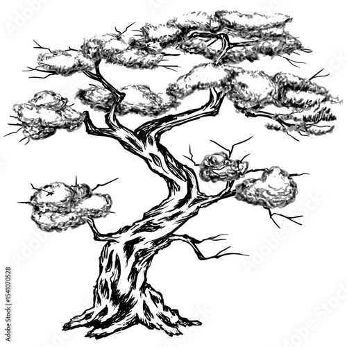 Fine Line Botanical Tree Drawing in Chinese Brush Ink Style – Vintage-Inspired Monochrome Nature Art Vector for Posters, Tea Packaging, Stationery, Meditation Room Decor and Eco Design Concepts