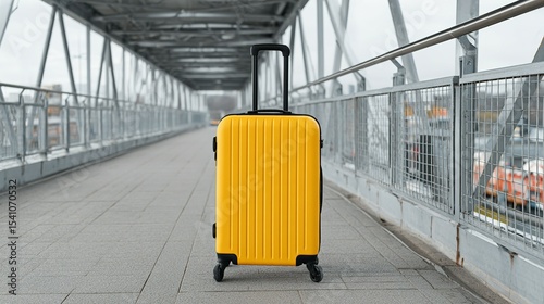 Bright yellow suitcase on a walkway.
