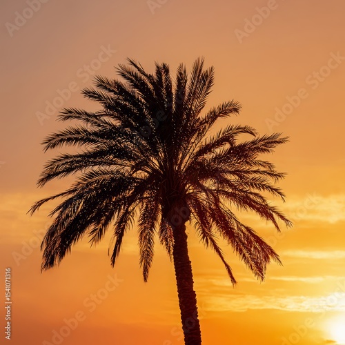 a tall palm tree silhouette at sunset with its green fronds backlit by the orange sky