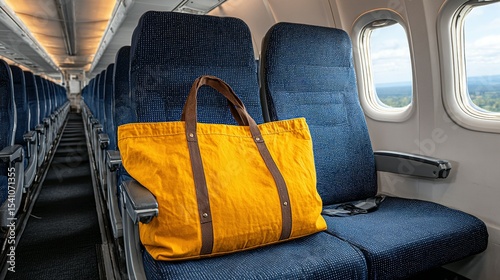 Yellow tote bag resting on airplane seat.
