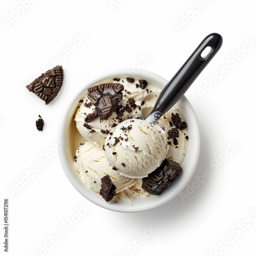 Creamy Vanilla Ice Cream with Chocolate Cookie Crumbles Served in a Bowl with a Black Spoon on a White Background