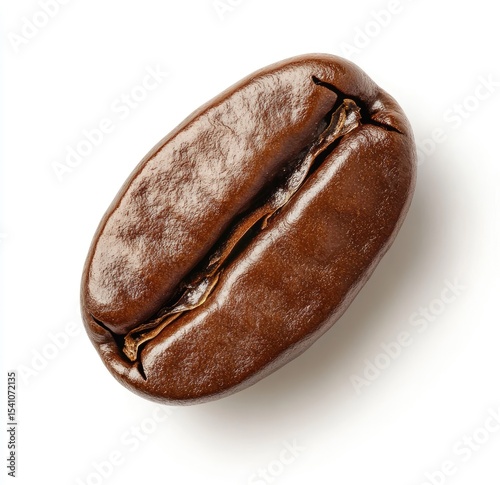 Single coffee bean, top-down view.  Dark brown, oval-shaped bean, glossy surface, prominent seam