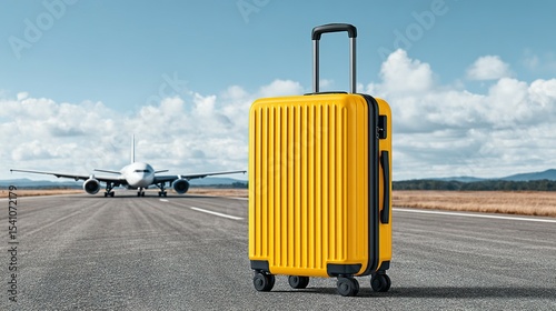 Yellow suitcase stands on an airport tarmac, awaiting its journey.