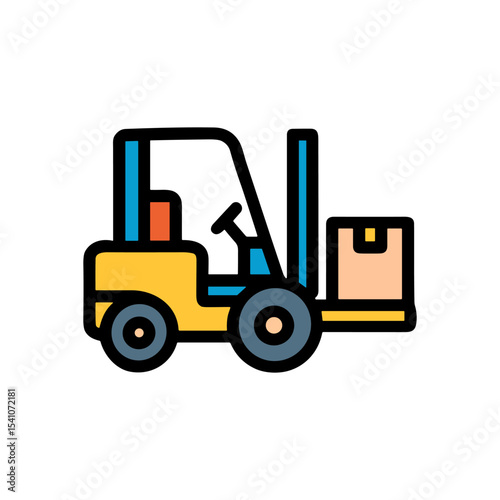 Colorful forklift lifting a box. Icon symbol illustration