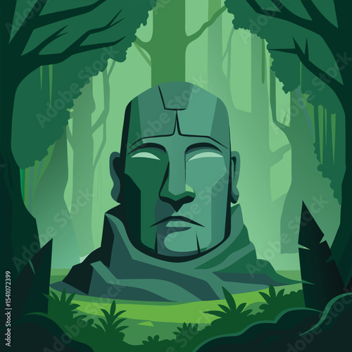 Enigmatic Stone Head in Lush Forest A Mysterious Vector Illustration (199).eps