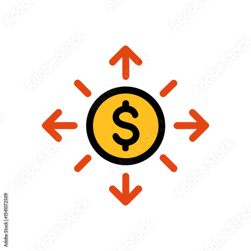 Dollar coin radiates outward in vectors. Icon symbol illustration