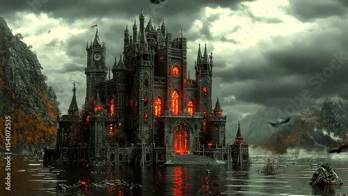 Dark gothic castle on an ominous lake. photo