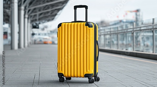 Yellow luggage standing on a paved walkway.