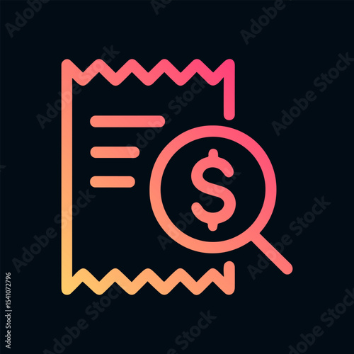 Financial document under dollar scrutiny. Icon symbol illustration