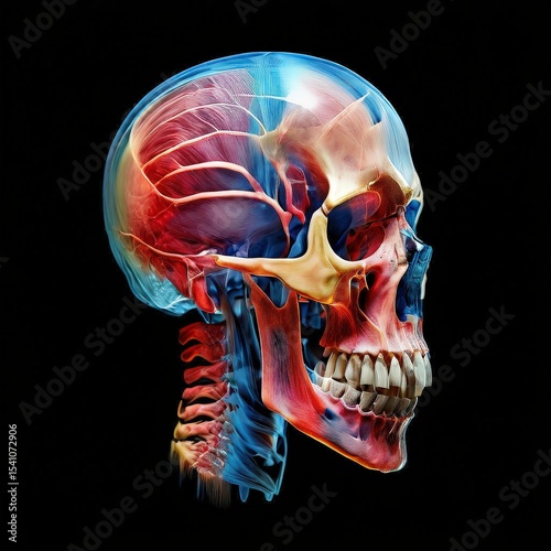 an AI Image Generator, Vivid Anatomical Depiction of Human Skull Muscles and Bones in Lateral View