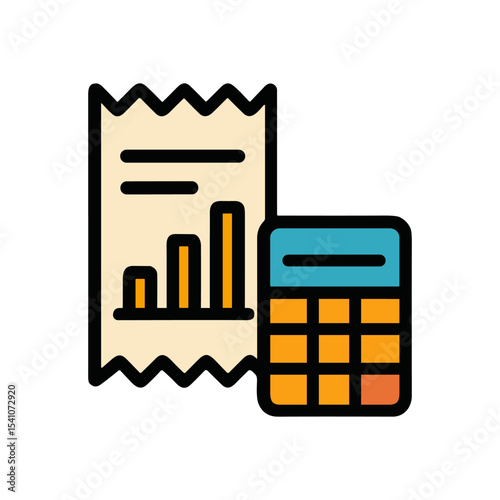 Financial report analysis with calculator nearby. Icon symbol illustration