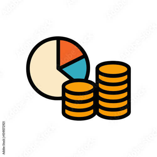 Financial pie chart alongside golden coins. Icon symbol illustration