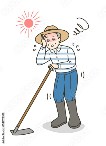 農作業中に熱中症を起こしめまいでふらつく高齢男性のイラスト