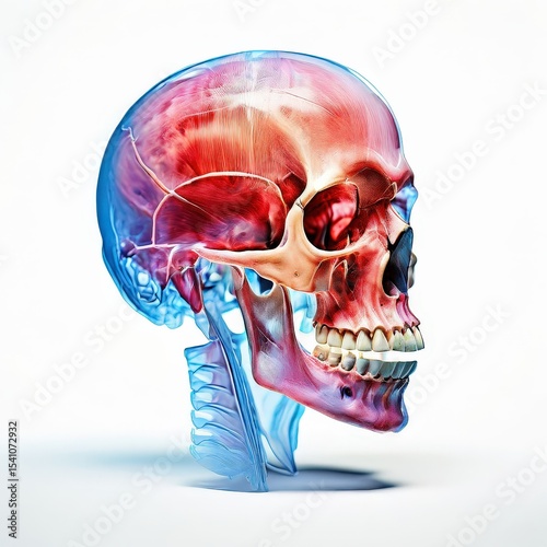 an AI Image Generator, Vivid Anatomical Depiction of Human Skull Muscles and Bones in Lateral View