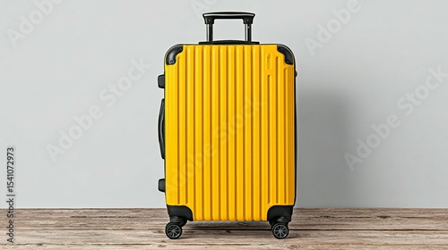 Yellow luggage case on a wooden surface.