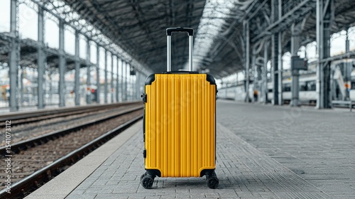 Bright yellow suitcase waits on a train station platform.
