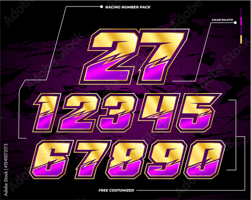 COOL RACING NUMBER GOLD  AND PUPLE FOR MOTOCROSS, MOTOGP, SPORTS CAR, DRIFT, KART, DRAG RACE