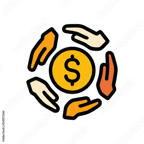 Hands encircling a shiny dollar coin. Icon symbol illustration