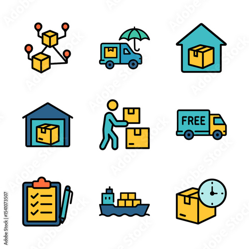 Icons depict distribution delivery and storage. Icon symbol illustration