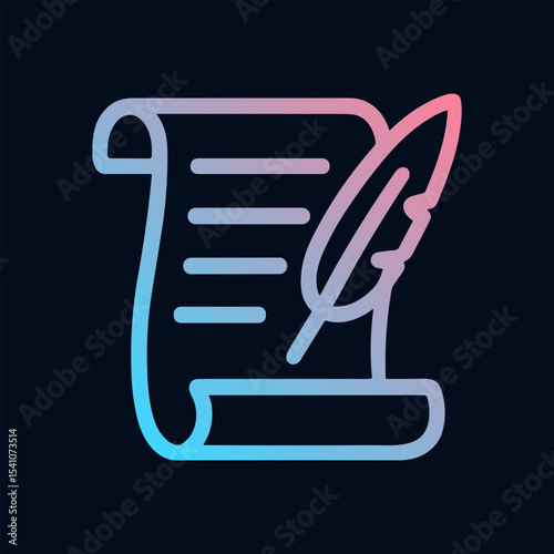 Illuminated parchment with writing feather. Icon symbol illustration