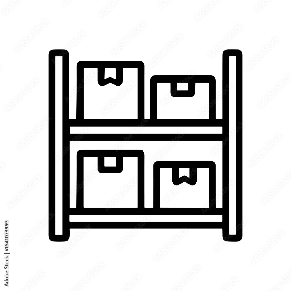 Organized shelving unit stacked with boxed items. Icon symbol illustration Organized shelving unit stacked with boxed items. Icon symbol illustration