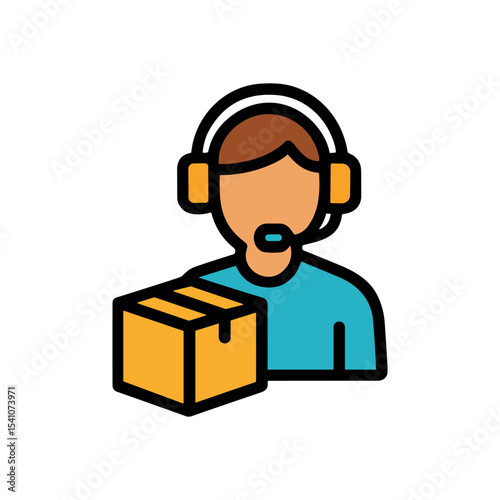 Package delivery support with headset. Icon symbol illustration