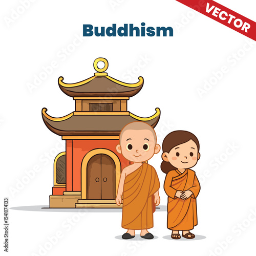 Buddhist Children and Monastery Vector Illustration