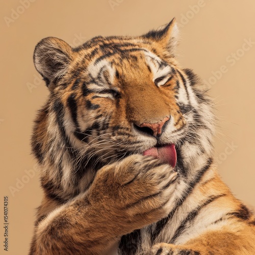 a tiger licking its paw calmly eyes relaxed isolated on warm neutral background