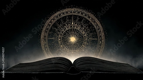 Open book with intricate design, illuminated by an ethereal glow.