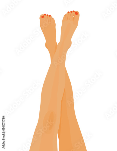 Woman legs bare feet and toes with smooth skin and red pedicure raised up 