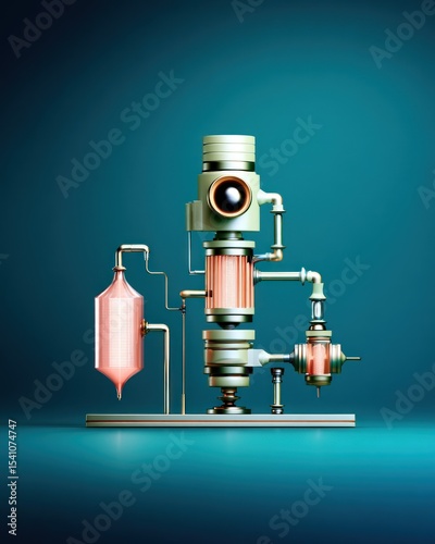 Futuristic Steampunk Machine with Pink Component on Teal Background