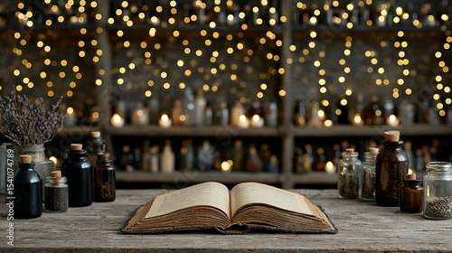 Open book sits on a rustic wooden table amidst vintage apothecary bottles and candlelight.
