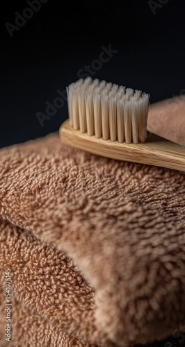 Close-up of a light brown bamboo toothbrush resting on a folded brown towel.  The bristles are visible, and the towel's texture is prominent