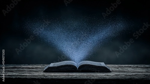 Open book with magical light effect on rustic wooden table.