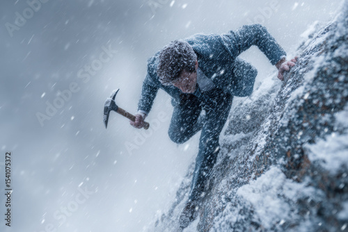 Determined businessman climbing snowy peak, overcoming challenges and embracing career success in extreme conditions