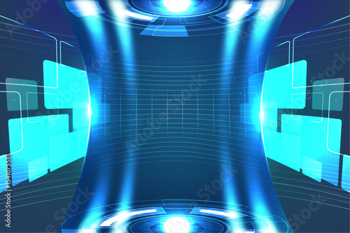 Abstract Futuristic Technology Background Blue Neon Lights and Geometric Shapes