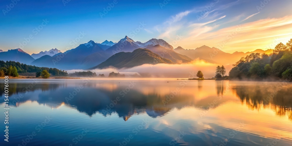 Fototapeta premium Serene Changu Lake at sunrise with misty mountains and tranquil water