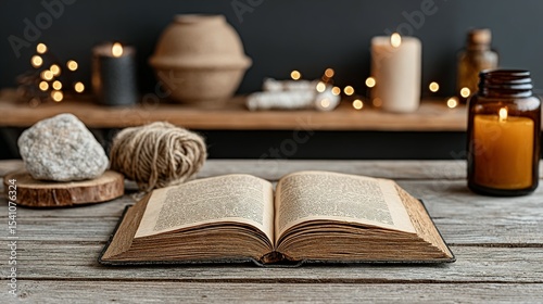 An open antique book sits on a wooden table.