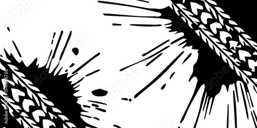 Black tire marks on a white background with a worn effect and splashes of dirt. Vector isolated texture .Tire tracks background for rally, drift, motocross, vector dynamic tire track