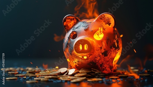 Coins come out of the piggy bank and burn, failed investment and future insurance