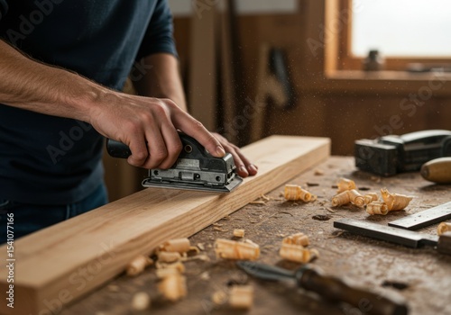Woodworker Sanding Plank in Sunlit Workshop