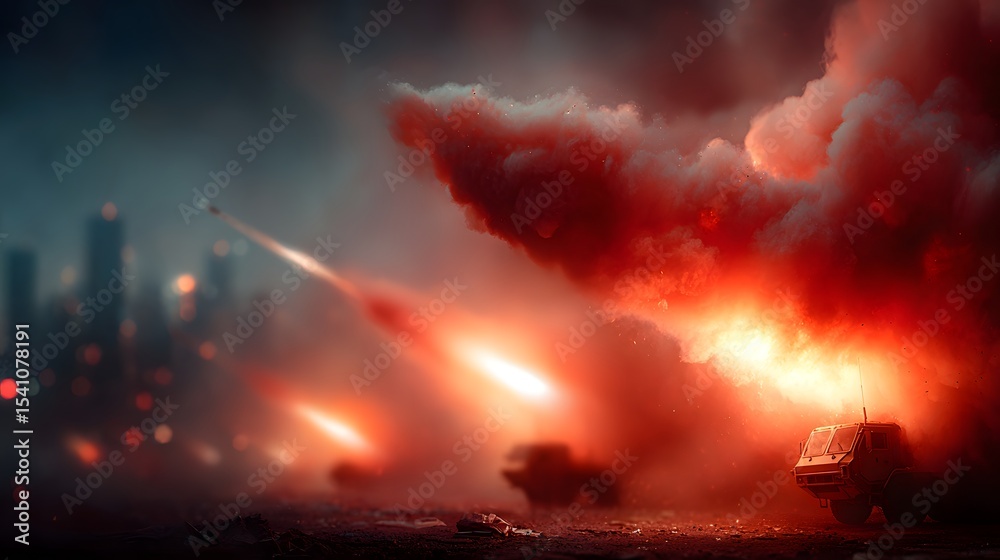 Obraz premium Devastating explosion engulfs the skyline of a bustling metropolitan city with plumes of smoke and flames erupting into the night sky
