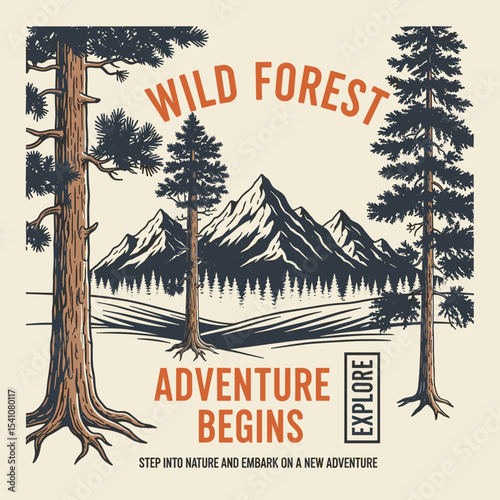 outdoor t-shirt graphics. Autumn winter graphics print artwork. adventure t-shirt design. mens graphic design.wild forest tee