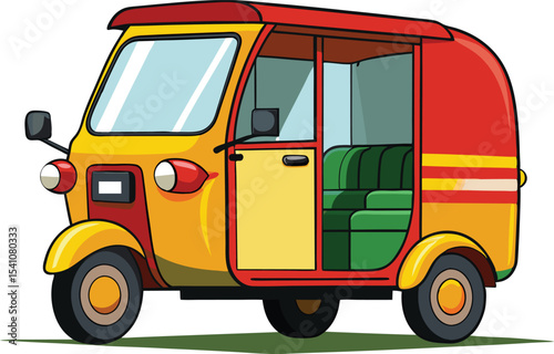 Illustration of a yellow and red auto rickshaw on white