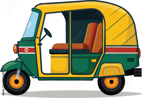 Illustration of a green and yellow auto rickshaw vehicle