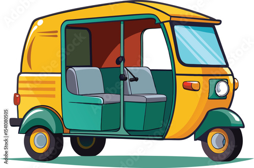 Illustration of a yellow and green auto rickshaw vehicle