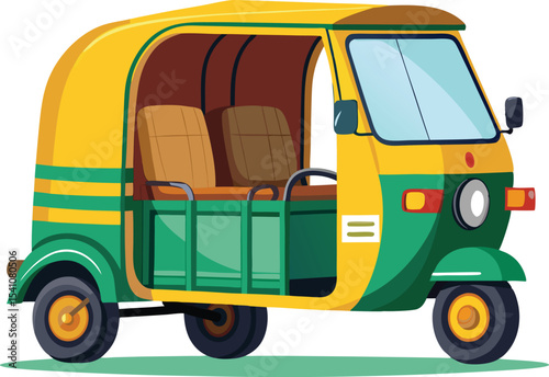 Illustration of a yellow and green auto rickshaw vehicle